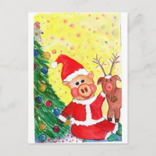 Baby Santa Piglet and Rein-pig by Christmas Tree Holiday Postcard