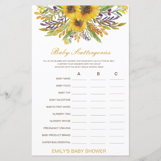 Baby Scattergories Baby Shower Game PRINTED (Front)