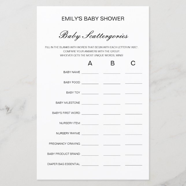 Baby Scattergories Baby Shower Game PRINTED (Front)