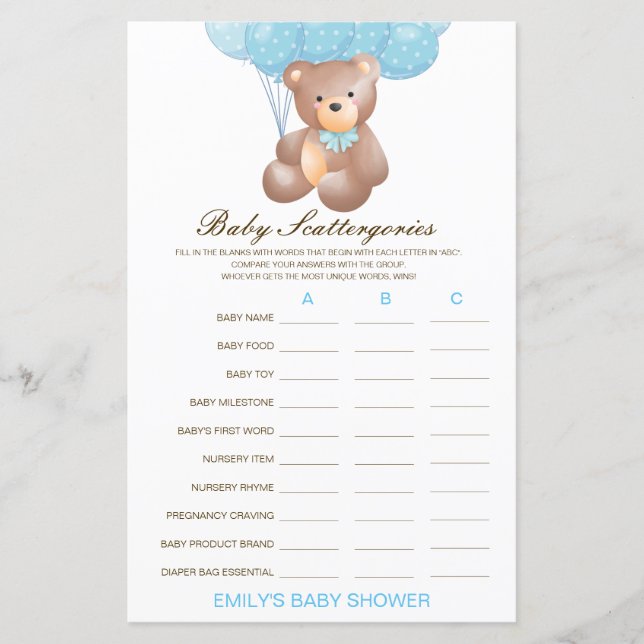 Baby Scattergories Baby Shower Game PRINTED (Front)