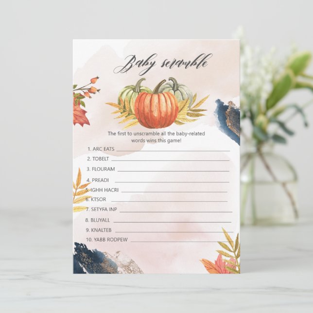 Baby Scramble Fall Pumpkin Baby Shower Game Card (Standing Front)