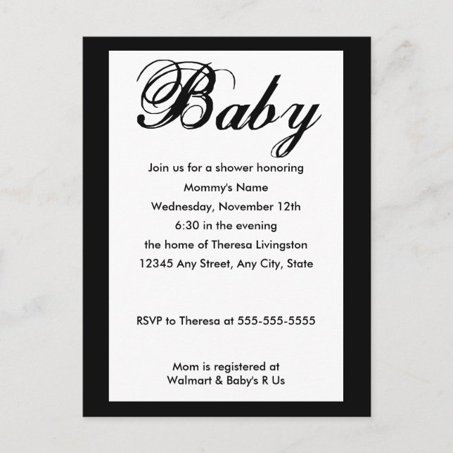 Baby Script Baby Shower Invitation White Postcard (Front)