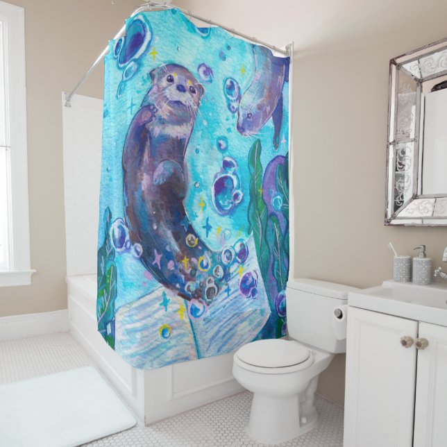 Baby Sea Otter Playing in Water | Cute Artwork Shower Curtain (In Situ)
