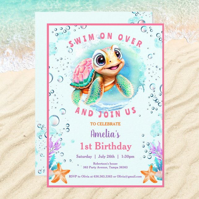Baby Sea Turtle Girl Custom Age First Birthday  Invitation (Cute Sea Turtle Invitation For a Girl. If you need for a Boy, just visit the store :) Kate Eden Art)