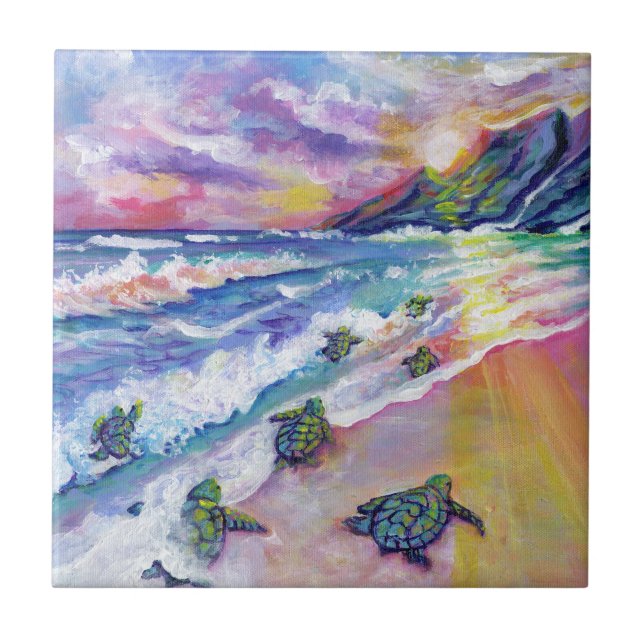 Baby Sea Turtles at the Beach Ceramic Tile (Front)