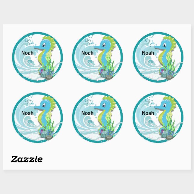 Baby Seahorse | Blue Personalised Round Sticker (Sheet)