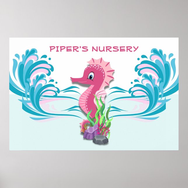 Baby Seahorse | Pink Personalised 36"x24" Nursery  Poster (Front)