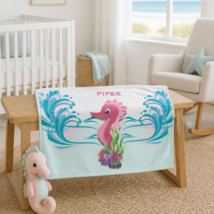 Baby Seahorse Pink Personalised Fleece Blanket