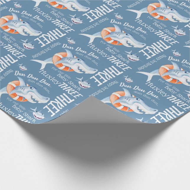 Baby shark 3rd birthday custom watercolor art wrapping paper (Corner)