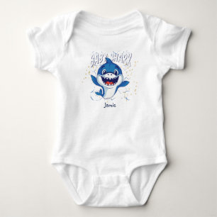 Baby Shark Blue White Cute Funny Baby Shower Named Bodysuit