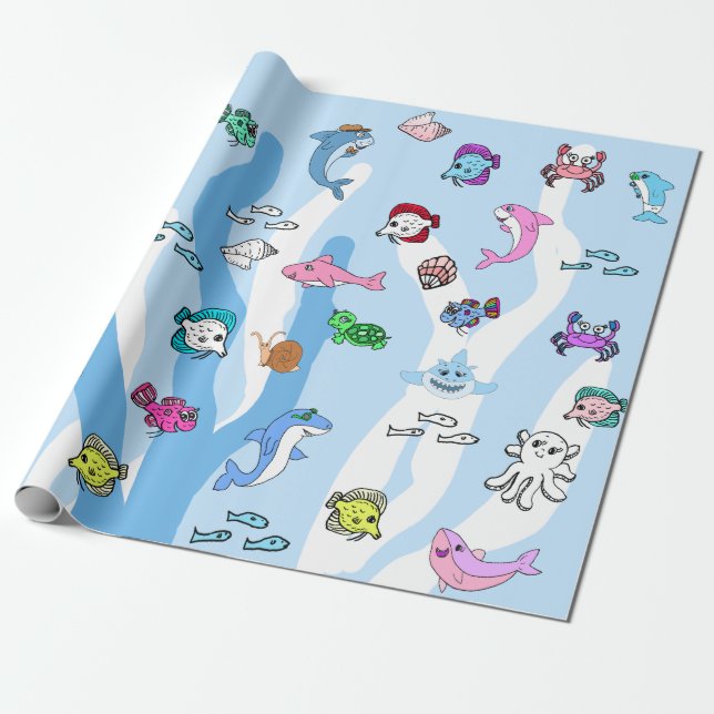 Baby Shark Family and Sea Creatures Birthday Wrapping Paper (Unrolled)