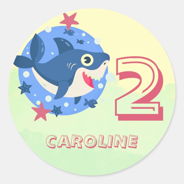 Baby shark kids any age birthday cute fish classic round sticker (Front)