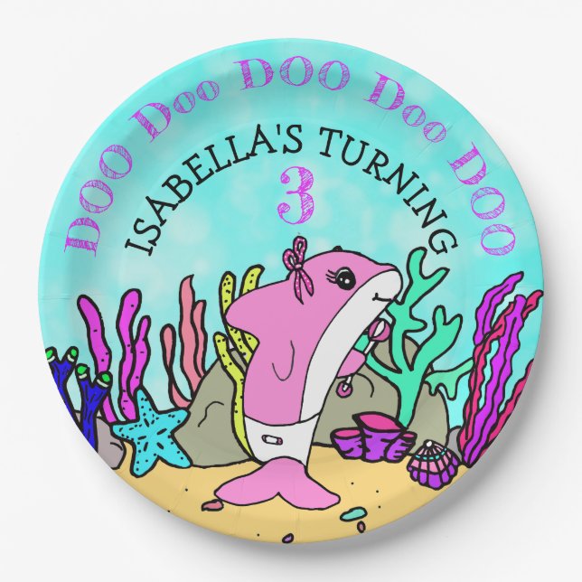 Baby Shark Teal Coral Birthday Party Paper Plate (Front)