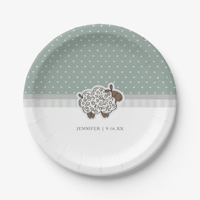 Baby Sheep Green Polka Dot Baby Shower Paper Plate (Front)