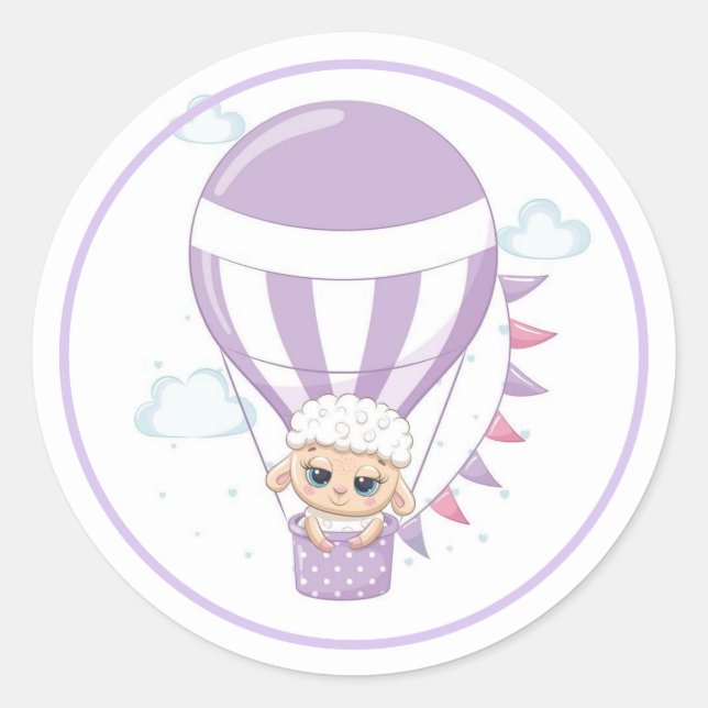 Baby Sheep in a Purple Hot Air Ballon  Classic Round Sticker (Front)