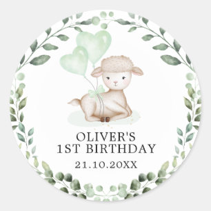 Baby Sheep Lamb Greenery Wreath Neutral Birthday Classic Round Sticker
