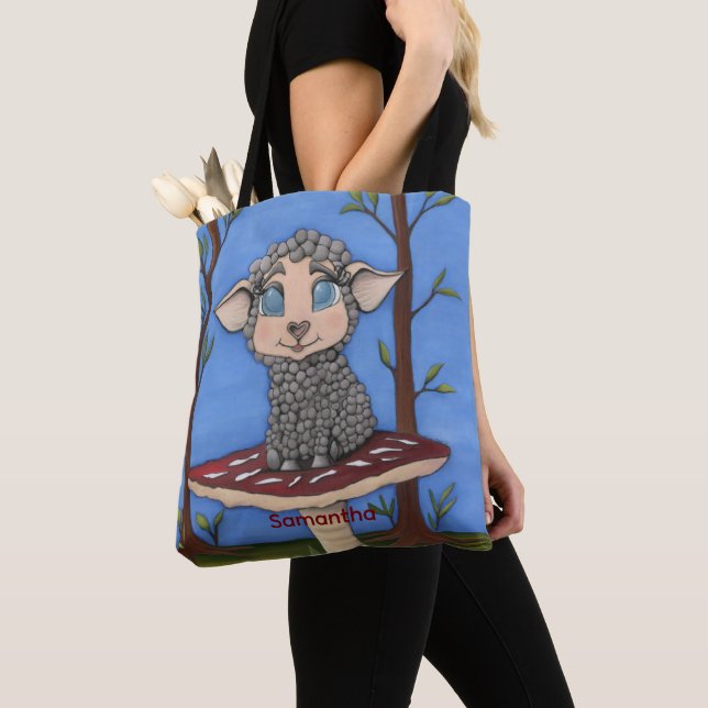 Baby Sheep on Toadstool Tote Bag (Close Up)