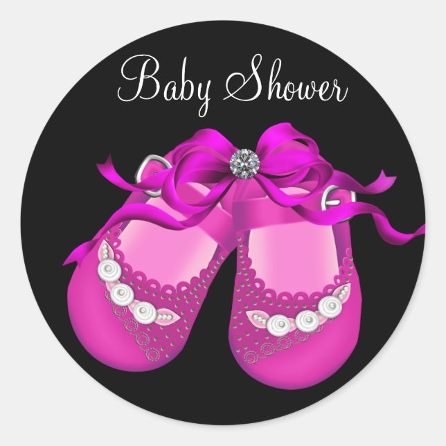Baby Shoes Hot Pink Black Girl Baby Shower Sticker (Front)