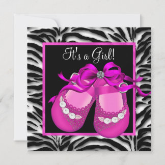 Baby Shoes Hot Pink Zebra Baby Girl Shower Invitation