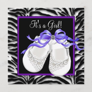 Baby Shoes Purple Zebra Baby Girl Shower Invitation