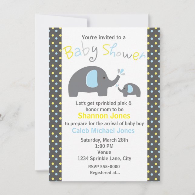 Baby Shower 2 Elephants Blue Polka Dot Invitation (Front)