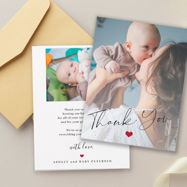 Baby shower 2 photos simple script modern thank you card (Creator Uploaded)