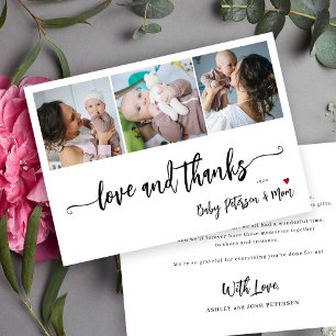 Baby shower 3 photo collage elegant script  thank you card