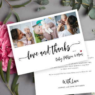 Baby shower 3 photo collage elegant script  thank you card