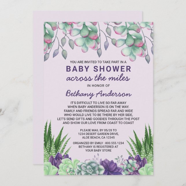 Baby Shower Across the Miles Watercolor Succulents Invitation (Front/Back)