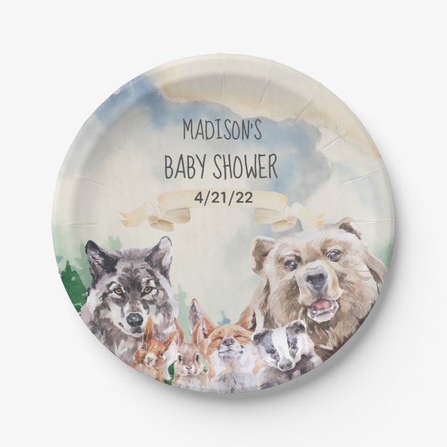 Baby Shower Adorable Woodland Animals Watercolor Paper Plate (Front)