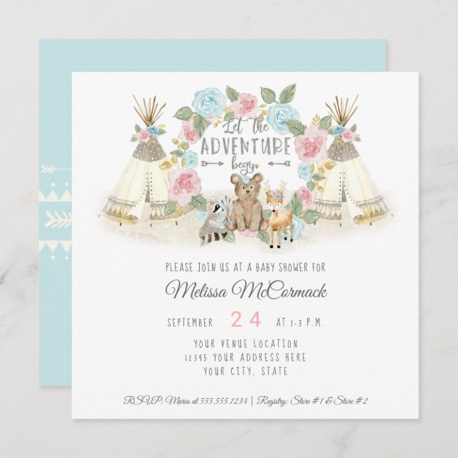 Baby Shower Adventure Begin Teepee Bear Deer Blue Invitation (Front/Back)