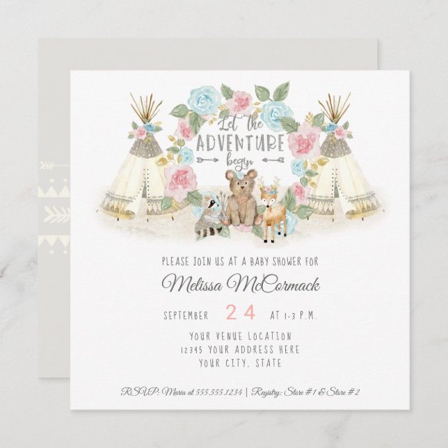 Baby Shower Adventure Begin Teepee Bear Deer Grey Invitation (Front/Back)