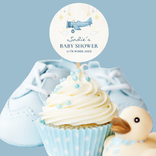 Baby Shower Airplane Cloud Blue Stripes Modern  Classic Round Sticker