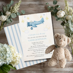 Baby Shower Airplane Cloud Blue Stripes Modern  Invitation