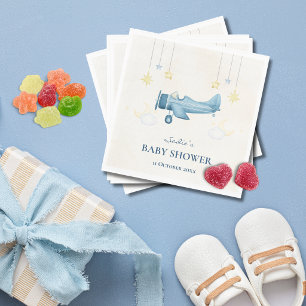Baby Shower Airplane Cloud Blue Stripes Modern  Napkin