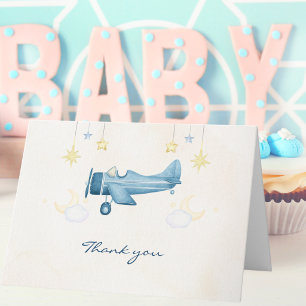 Baby Shower Airplane Cloud Blue Stripes Modern  Thank You Card