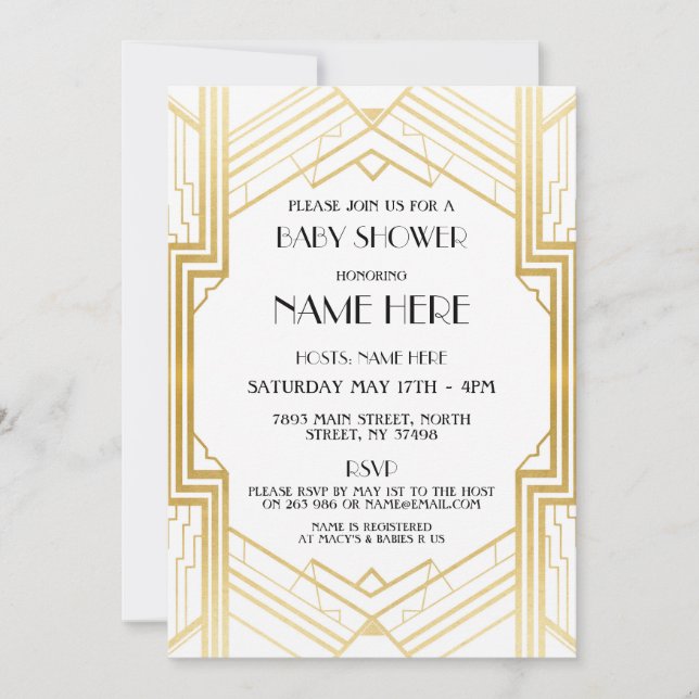 Baby Shower Art Deco 1920's Gold Party Invite 20s (Front)