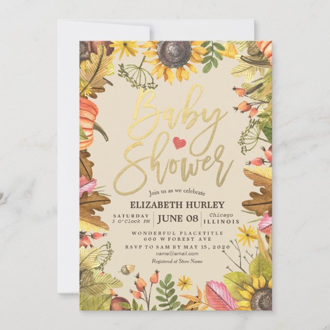 Baby Shower Autumn Maple Leaves Pumpkin Sunflowers Invitation (Front)