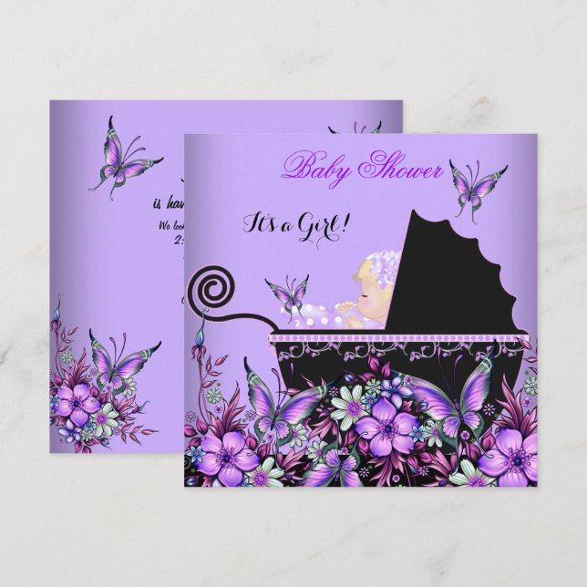 Baby Shower Baby Blonde Girl Purple Butterfly Invitation (Front/Back)