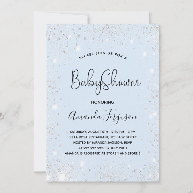 Baby Shower baby blue boy silver glitter Invitation (Front)