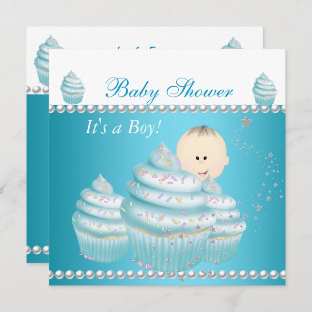 Baby Shower Baby Boy Blue Cupcake Sprinkle Invitation (Front/Back)