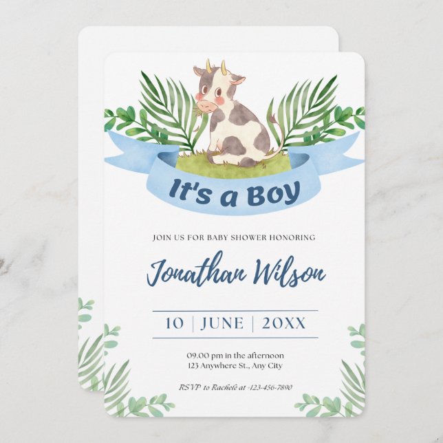Baby Shower Baby Boy Cute Cow Invitation (Front/Back)
