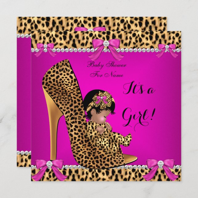 Baby Shower Baby Cute Girl Leopard Hot Pink Shoe C Invitation (Front/Back)