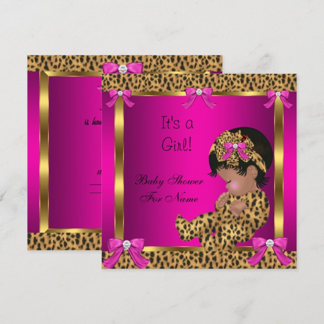 Baby Shower Baby Cute Girl Leopard Pink Gold 2 Invitation (Front/Back)