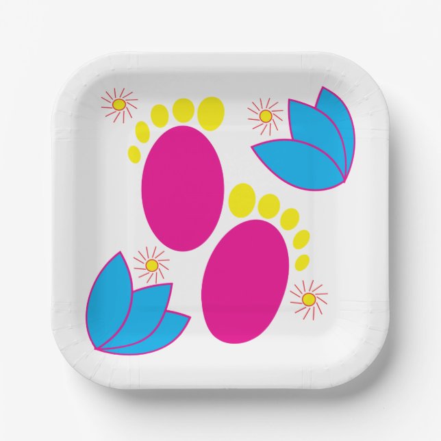 Baby Shower Baby Girl Baby Feet Colourful Floral Paper Plate (Front)