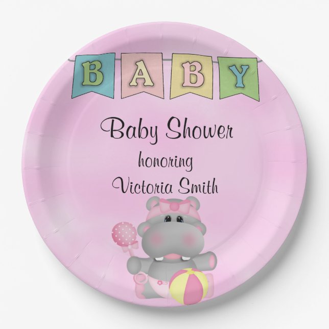 Baby Shower Baby Girl Hippo Paper Plate (Front)