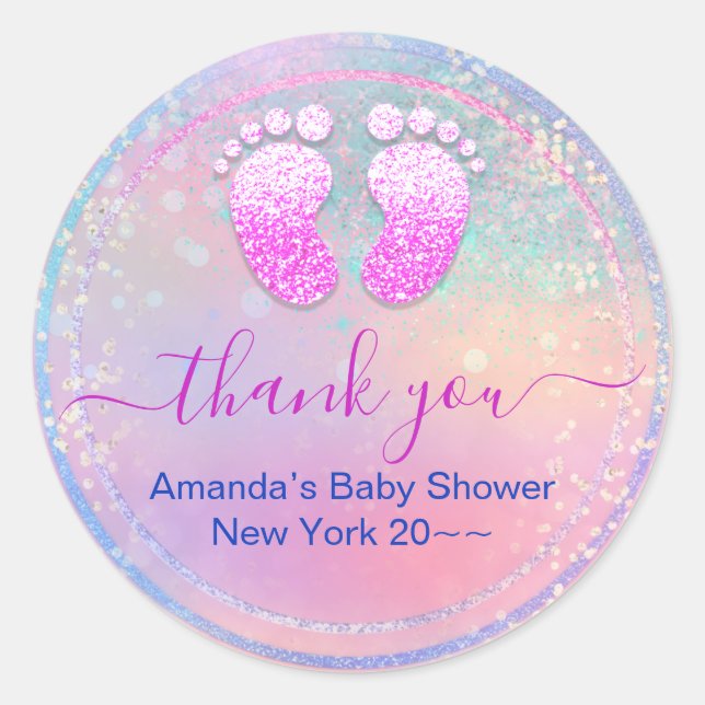Baby Shower Baby Girl Holographic Pink  Feet Classic Round Sticker (Front)