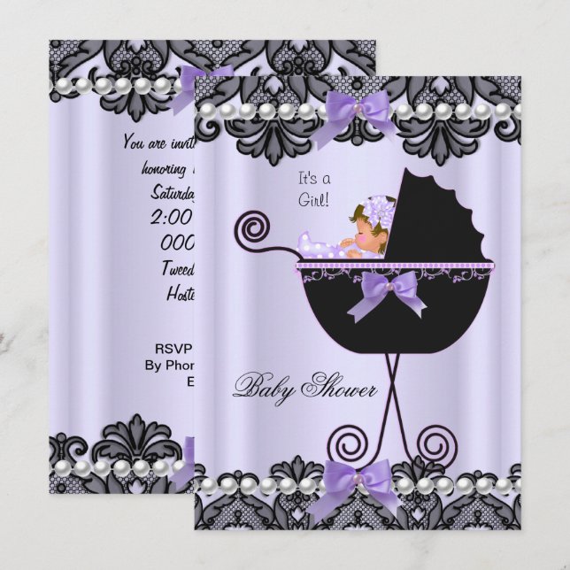 Baby Shower Baby Girl Lavender Purple Black Lace Invitation (Front/Back)