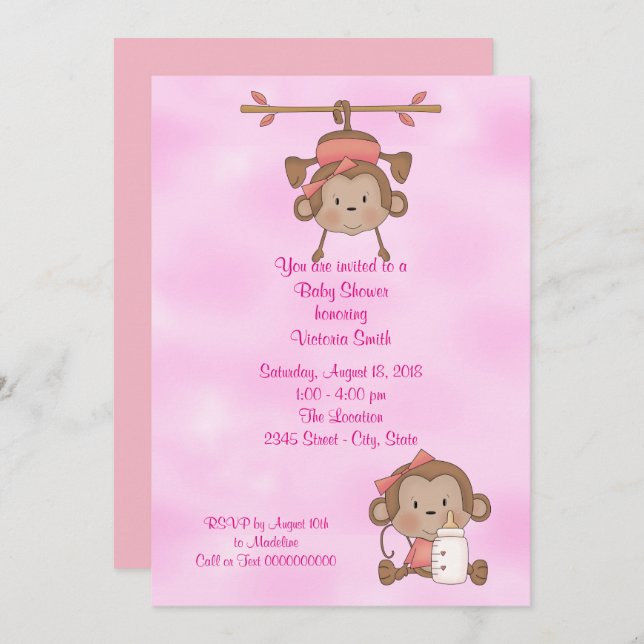 Baby Shower Baby Girl Monkey Invitation (Front/Back)