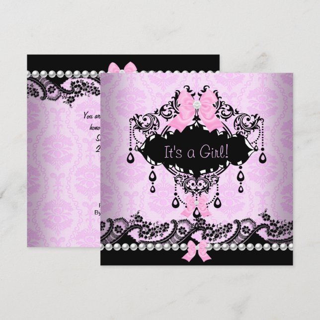 Baby Shower Baby Girl Pink Black Damask Bow Invitation (Front/Back)